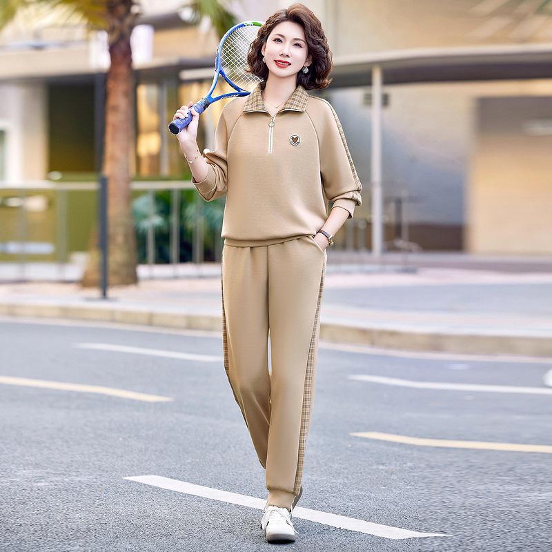 

Spring Casual Plaid Two-Piece Set: Hoodie & Elastic Waist Pants for Middle-Aged Women 5XL (150-165 lbs)