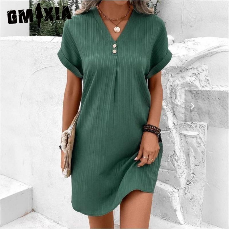 GMXIA Kvinnemote Sommer Våren Ensfarget Print Kortermet V-hals Høy midje Uformelle kjoler