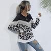 Vintage Fashion Elegant Casual Autumn Leopard Print Color Blocking Long-sleeved Loose Medium-length Round Neck Knit Sweater Women