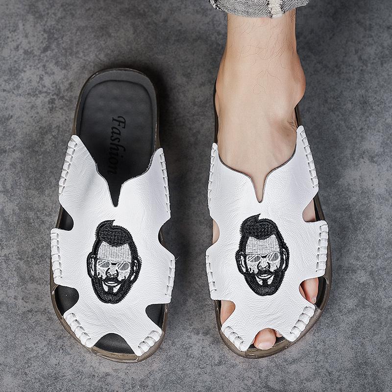 Summer Men's Flat Slippers Extra Wide Slide Sandals Outdoor Beach Open Toe Casual Soft Walking Leather Sandals