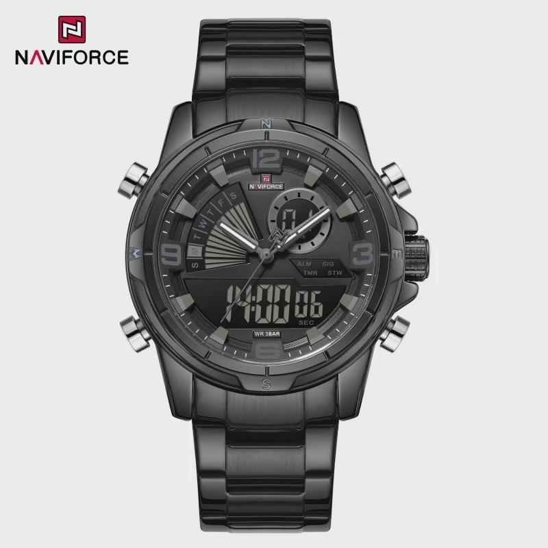 Mens Multifunctional Double-Display Watches Date Stainless Steel Watchband LED Luminous Mode Waterproof Wrist Watch