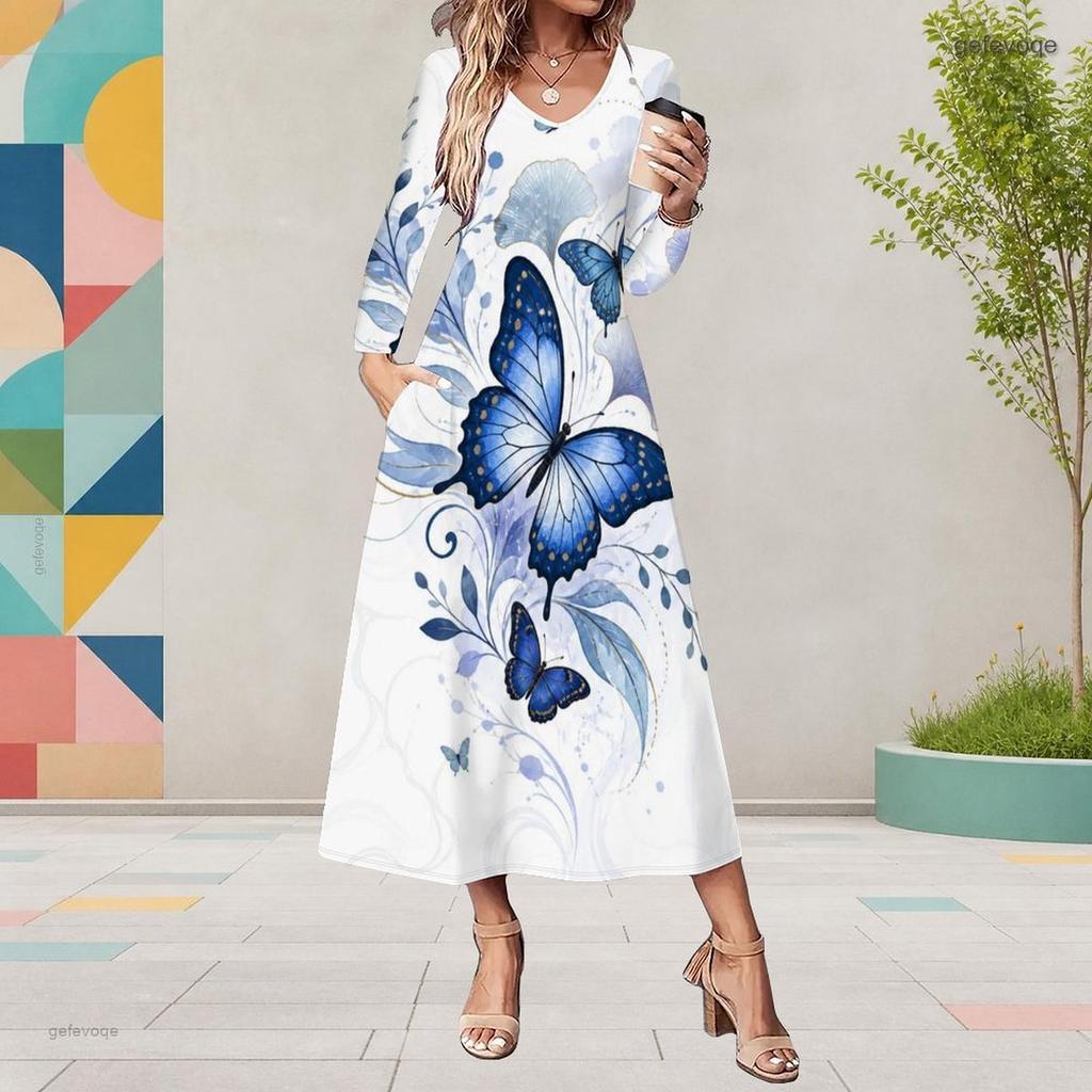 Women Plus Size Round Neck Long Sleeve Black Butterfly Printed Midi Dress With Pockets