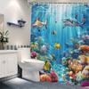 Lebendiger Unterwasser-Meeresleben-Duschvorhang - Haie, Korallenriff, Bunte Korallen, Gestreifte Fische, Polyester, Majestätisches Haifisch-Design