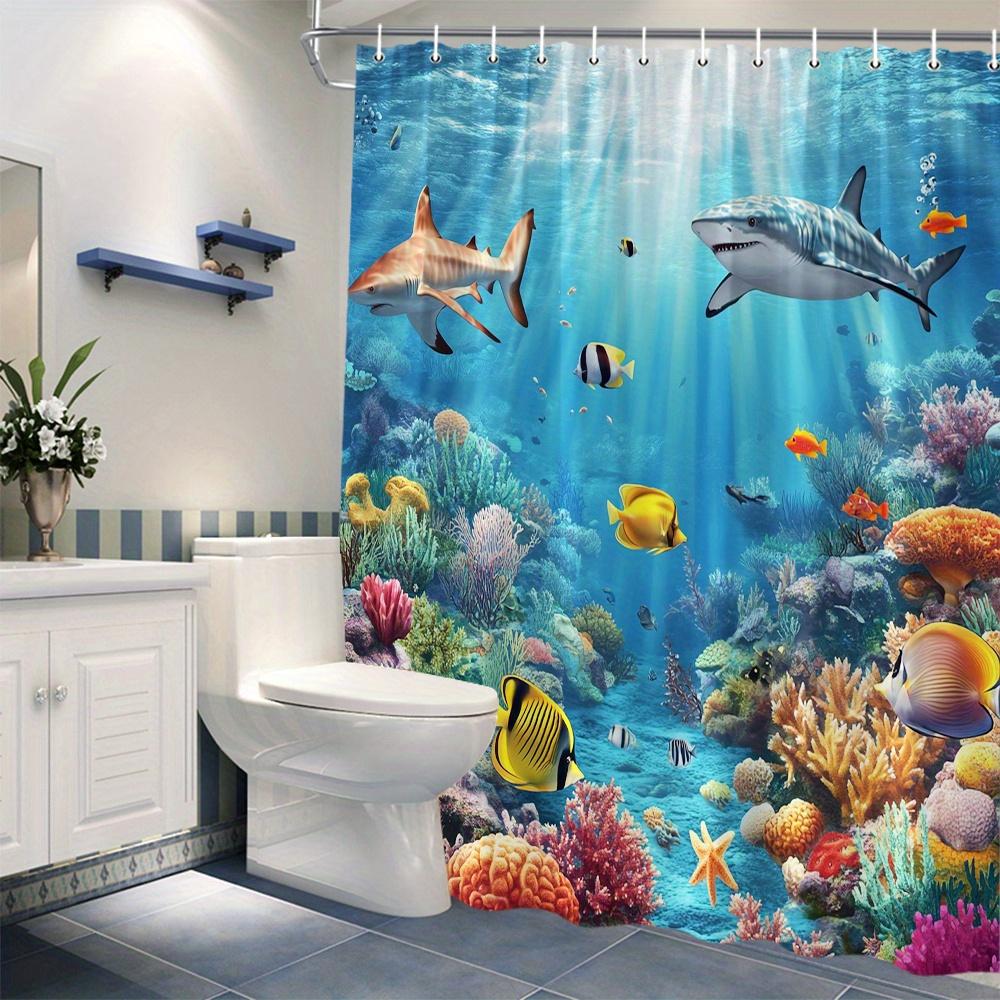 Lebendiger Unterwasser-Meeresleben-Duschvorhang - Haie, Korallenriff, Bunte Korallen, Gestreifte Fische, Polyester, Majestätisches Haifisch-Design