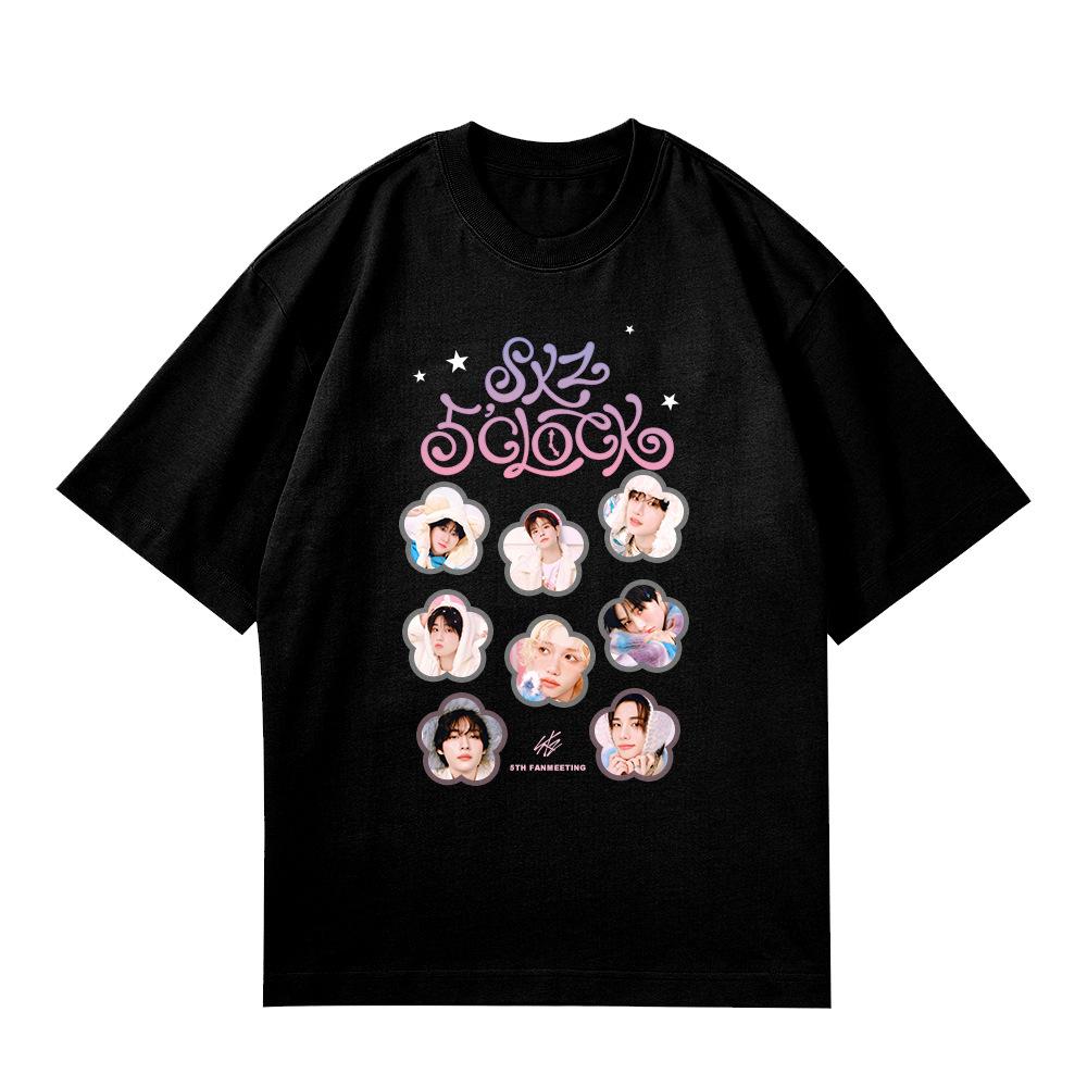 Stray Kids 5 O'Clock 5. Fanmeeting T-Shirt Kpop Merch Unisex Kurzarm Grafik-T-Shirt Retro Lässig Streetwear Oversize Oberteile für Kpop-Fans Geschenk