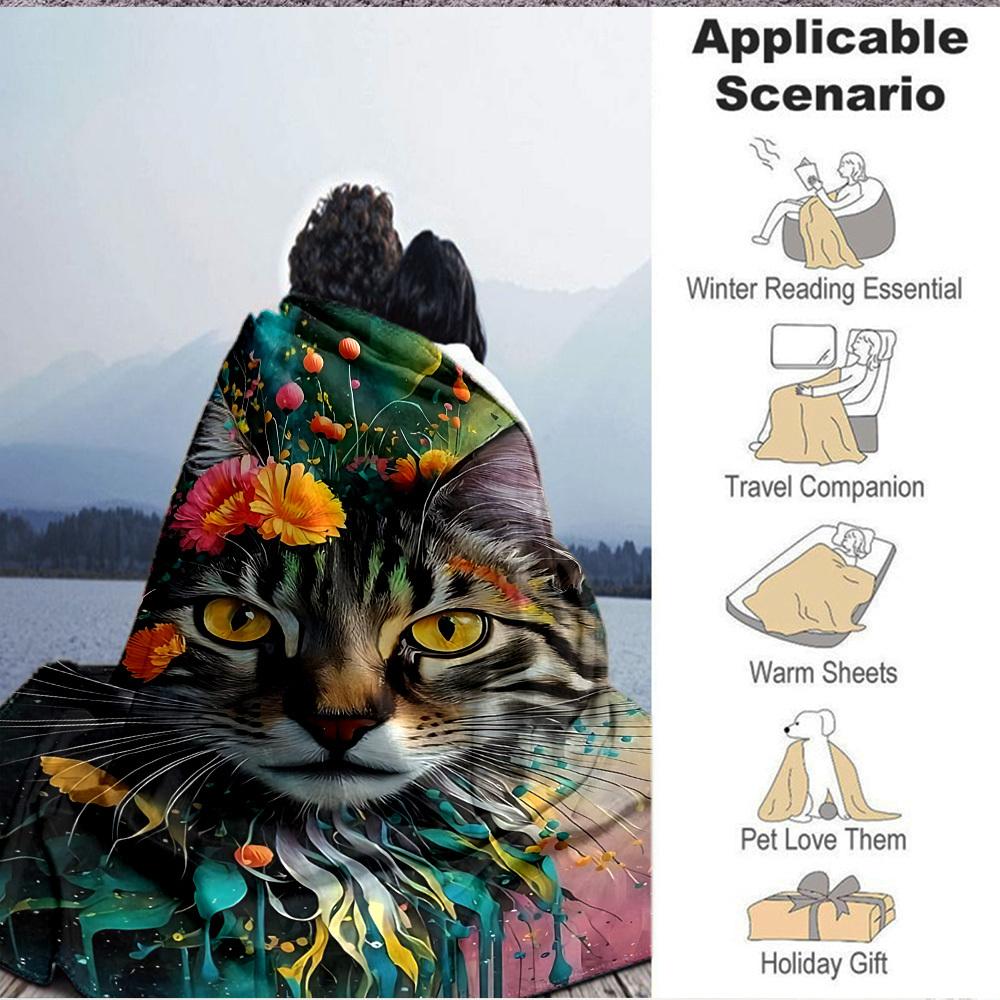 1pc Floral Cat Artwork Blanket Lightweight Blanket Throw Blanket For Sofa, Bed, Travel, Camping, Livingroom, Office, Couch, Chair Yy251010083