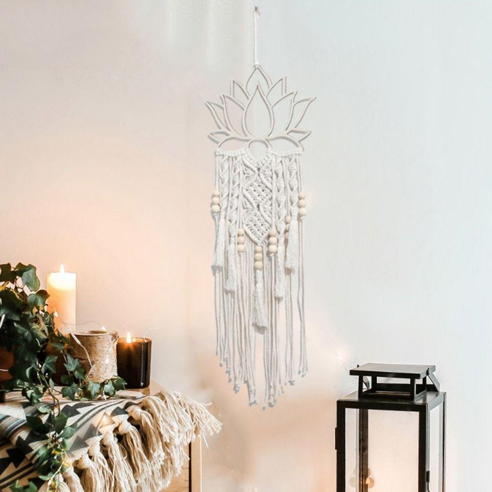 Beige Boho Wall Hanging Decor Cotton Thread Wall Pendant Exquisite Lotus Woven Tapestry Bedroom