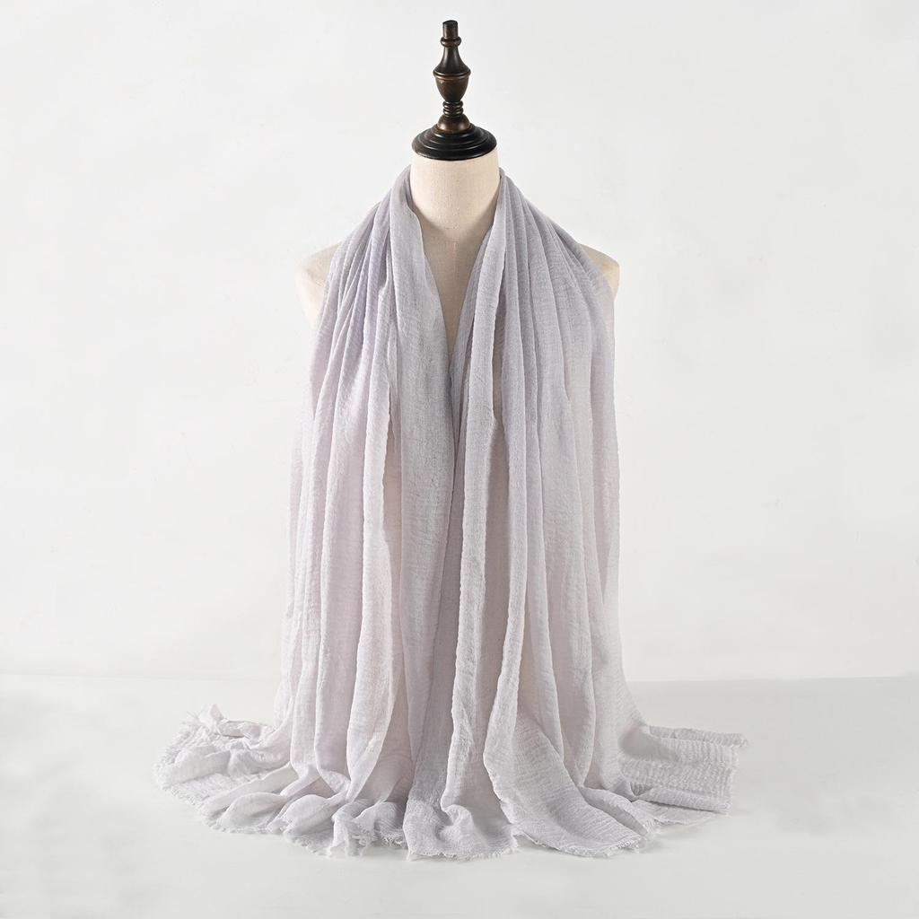 Crinkled Cotton-Linen Blend Scarf with Fringe - Solid Color, 90x180cm, Women's Headscarf
