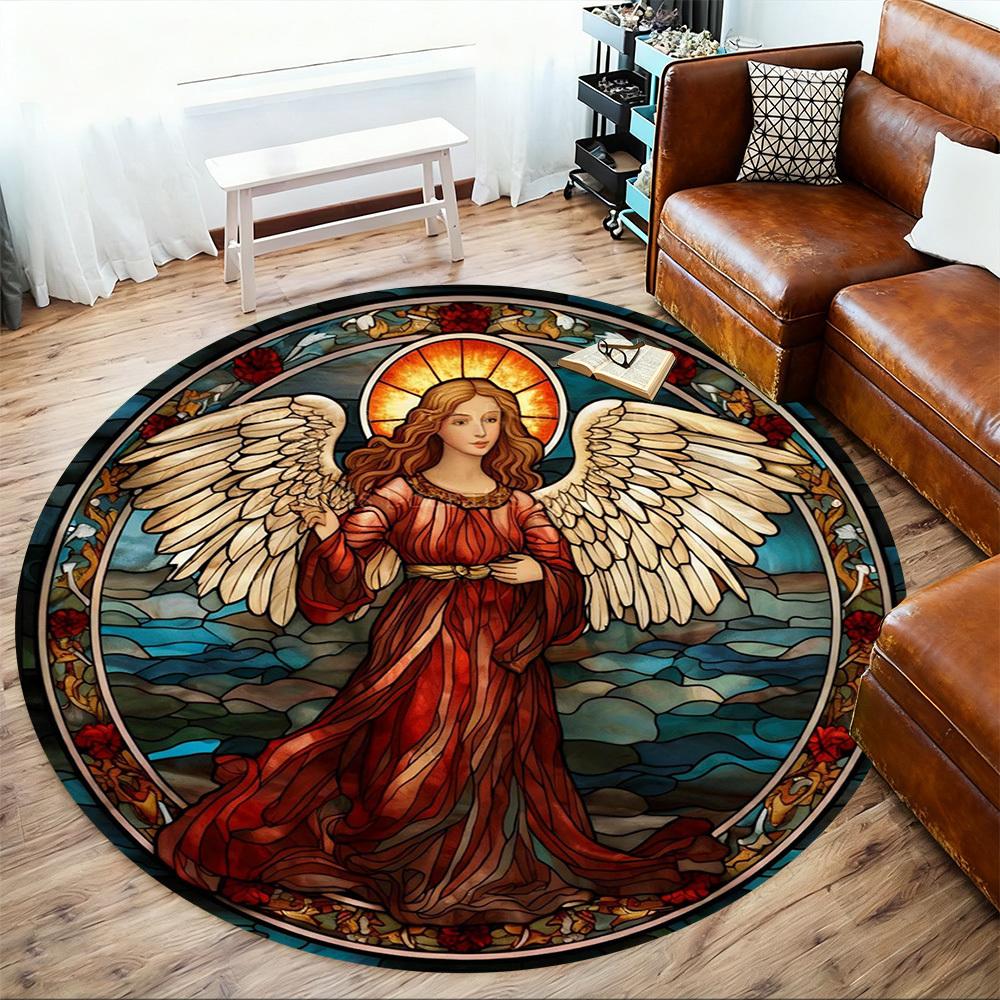 1pc Angel Stained Glass Round Chair mat office Area Rug - Non-Slip, Floor Mat for Office, Bedroom, Ideal home decor gift c0112025