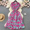 French Sweet Gentle V-neck Floral Chiffon Dress Women's Summer Tight Waist Elegant Slim Looking Vacation Style Fairy Dress