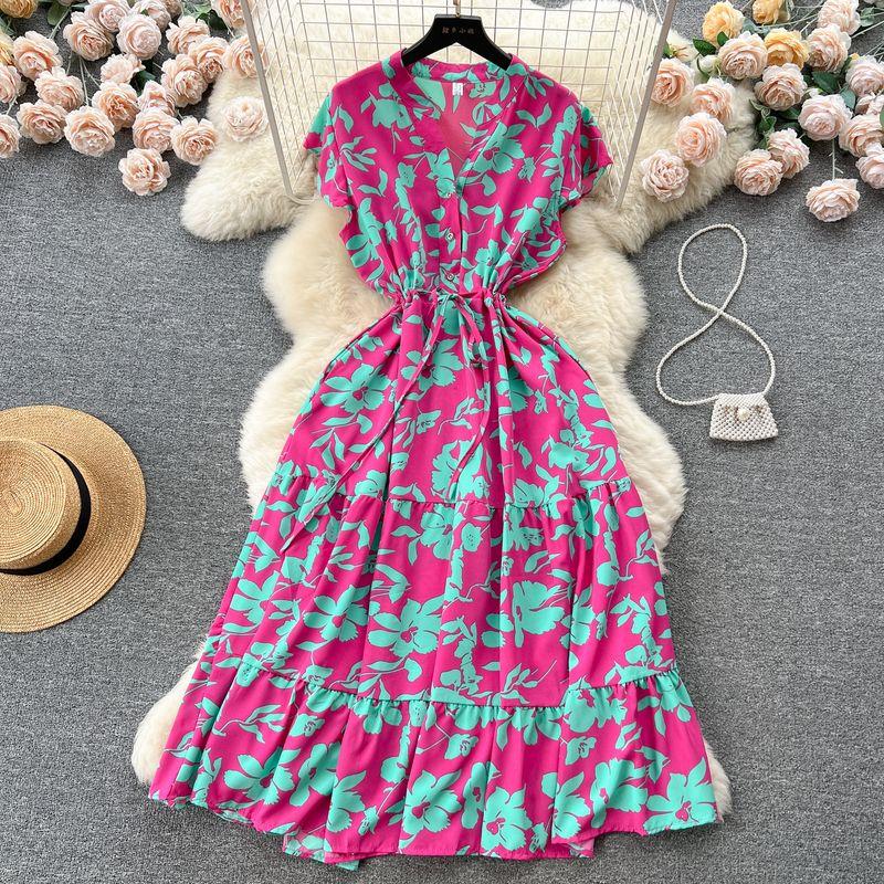 French Sweet Gentle V-neck Floral Chiffon Dress Women's Summer Tight Waist Elegant Slim Looking Vacation Style Fairy Dress