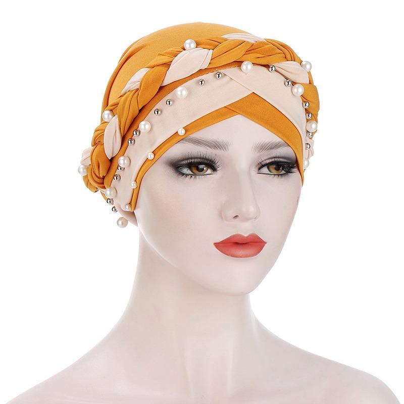 

Indian Muslim Women Two Color Hijab Milk Silk Chemical Hat Braided Bead Hijab Islamic Hijab Ladies Bicolor pearl Baotou Cap жовтий