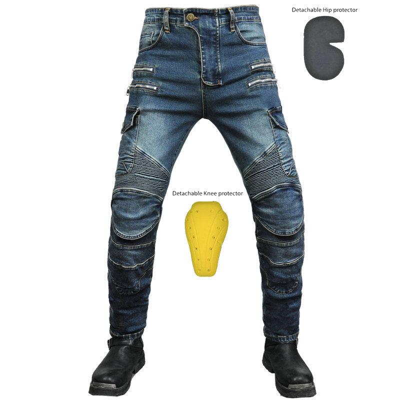 New product Motorcycle jeans men, locomotive tooling multi-bag cycling pants, zipper casual straight pants, knee pads
