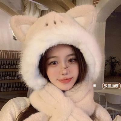 Cute Fox Ears Plush Hat Women's Winter Scarf Integrated Hat Thickened Thermal Bald Hat