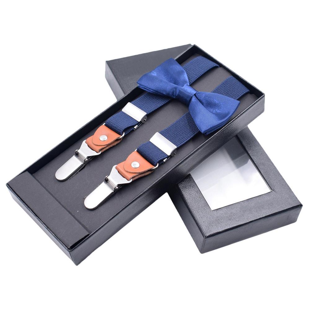 Unisex Adult & Kids 3 Clips Suspenders Bow Tie Set, Adjustable Elastic PU Braces