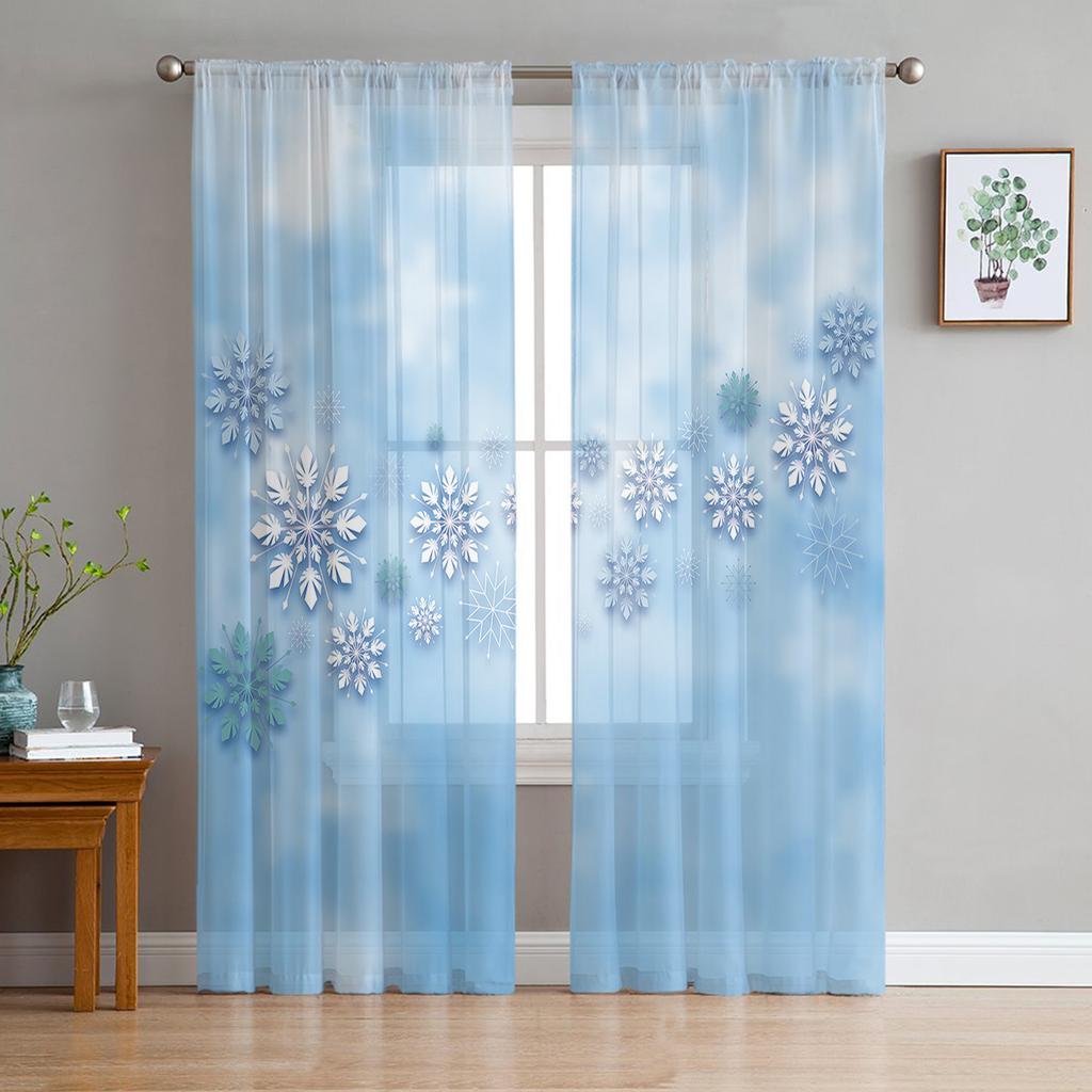 Christmas Snowflake Texture Tulle Window Treatment Sheer Curtains for Kitchen Living Room The Bedroom Curtains Decoration