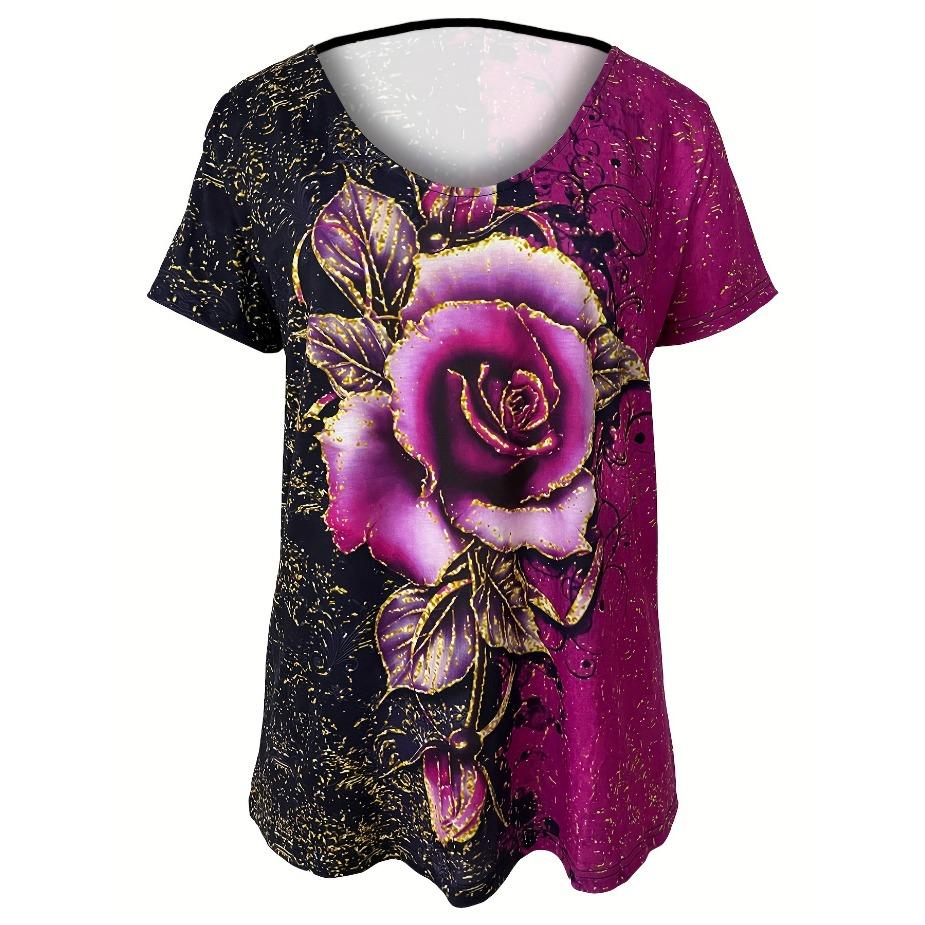 Stylish Rose 3D Print V Neck T-shirt - Women's Casual Short Sleeve Medium Stretch T-Shirts