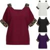 Women Half Sleeve V Neck Cold Shoulder Leopard Patchwork T-shirt Blouse