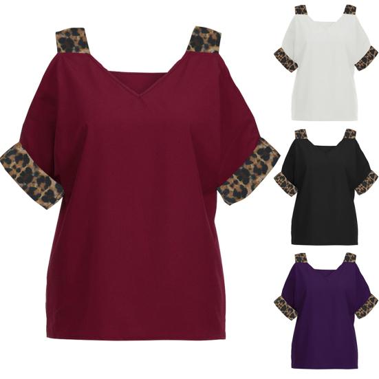 Women Half Sleeve V Neck Cold Shoulder Leopard Patchwork T-shirt Blouse