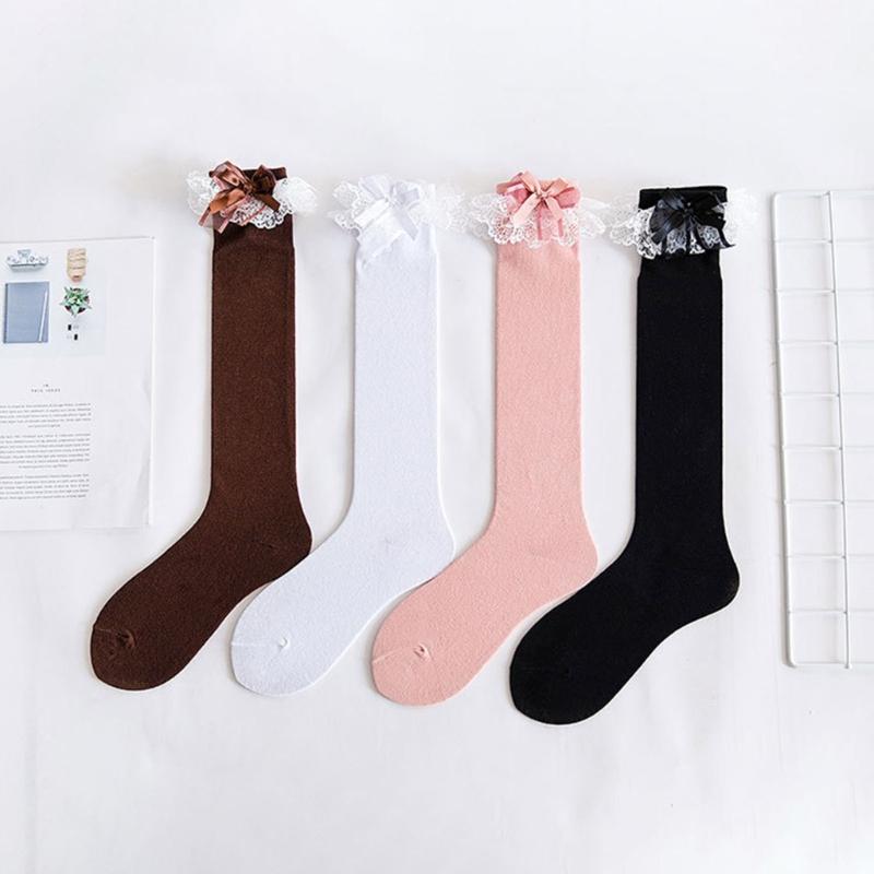 Women Japanese Style JK Ruffle Lace Trim Calf Long Socks Sweet Bowknot Princess Cotton Knee High Socks Stockings Hosiery
