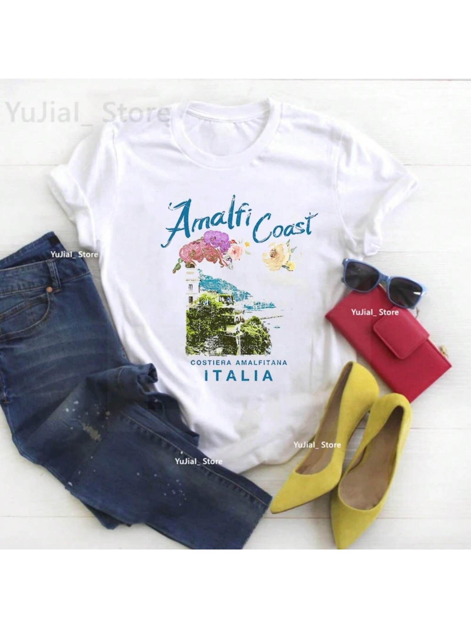 The Amalfi Coast Flowers Graphic Print T Shirt Wounisex Santorini Greece Greek Islands Hellenes Travel Tshirt Femme Summer Tee S разноцветный