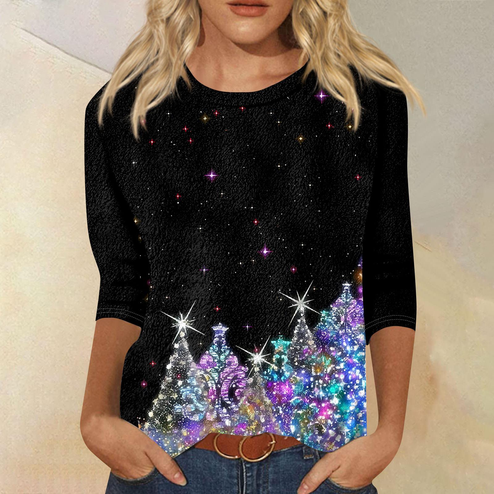 

Женская мода повседневная рубашка с круглым вырезом и рождественским принтом, семь рукавов M фиолетовый