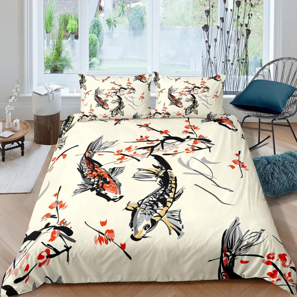 Koi-Fisch orientalisches Bettzeug, Künstlerische Malerei, Japanisches Bettbezug-Set für King, Queen, Full, Twin, Kleinkind, Bettwäsche mit Reißverschluss, Ästhetischer Bettbezug