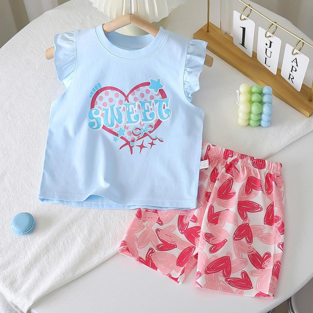 Girls' Summer Flutter Sleeve Top & Shorts Set - Korean Style Two-Piece Children's Outfit