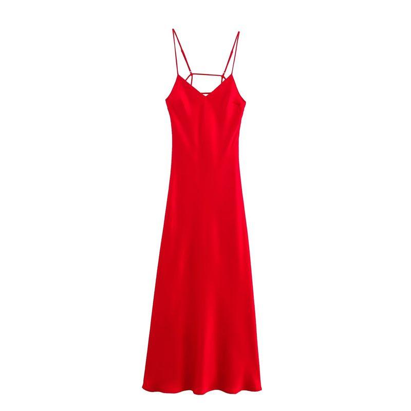 

Zbzr Spring New Women clothes Western Style Fashion Temperament V-neck Solid Silk Satin Texture Midi Dress Red S