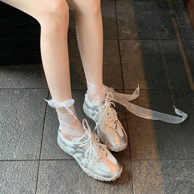 Cowhide Version Grape Mother Lace Splicing Casual Sports Shoes Pearl Belt Inner Heightening Platform Forrest Gump Shoes Women's Training Shoes