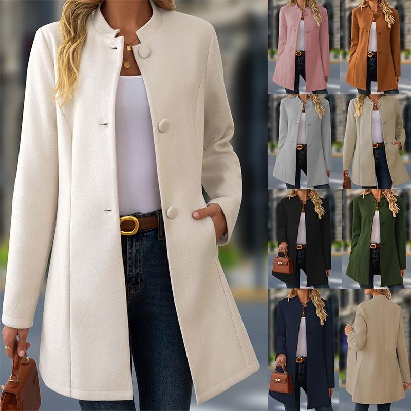 Women S Casual Stand Collar Mid Length Woolen Coat For Daily Wear