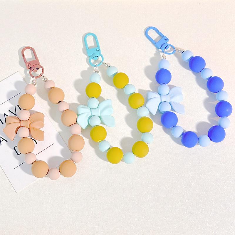 Pink Pearl Bow Keychain Beaded Pendant Anti-Lost Rope Mobile Phone Chain Earphone Bag Car Keychain Backpack Accessory