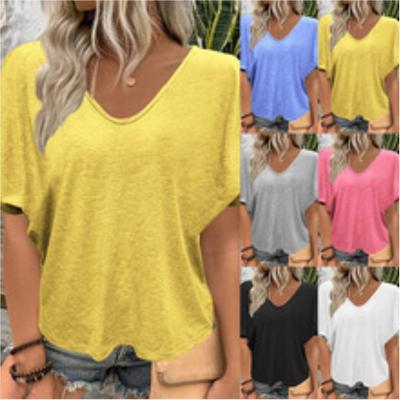 Women's Summer Big Size Loose Pleated Short Sleeve T-shirt Solid Color V Neck Casual Top