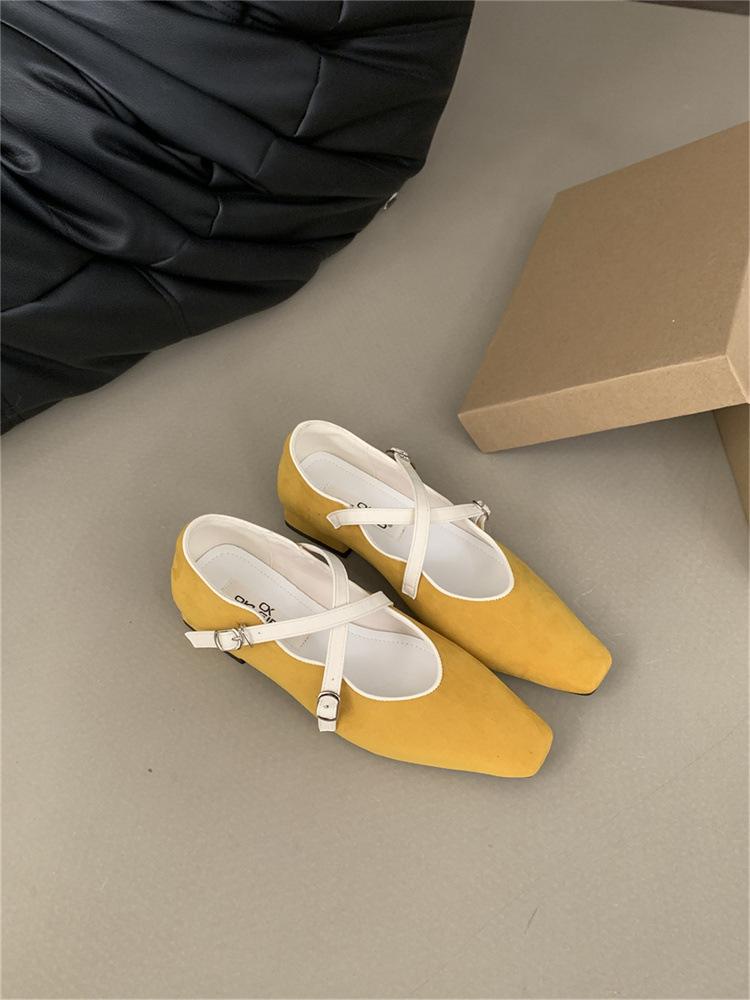 Cross-strap Mary Jane shoes women's 2025 autumn new small square head thick heel suede soft sole single shoes ballet shoes