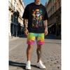 Summer Men's Casual Sports Round Neck Short Sleeved Set Colortly Skull 3D Printing Fashionable Comfortable Breathable Loose Large Size Sports Wear