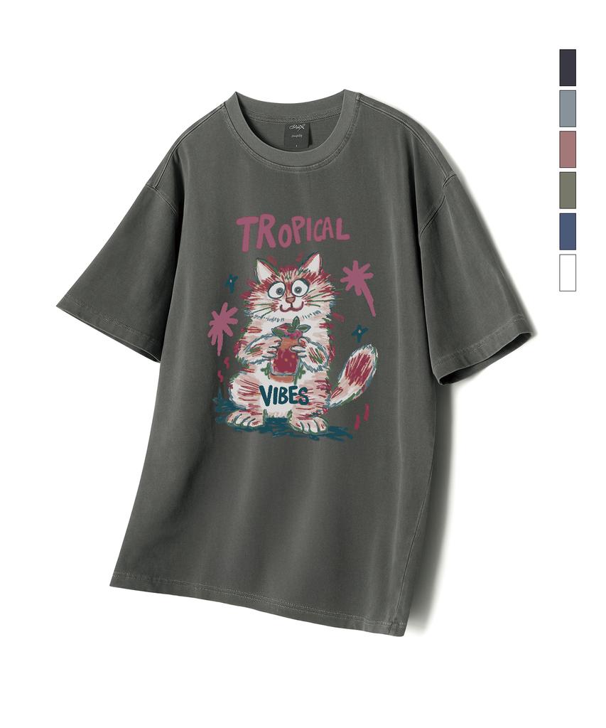 WILDROCK Hollysheesh Tropical Cat Pigment Oversized Short Sleeve T-Shirt_6 Colors (Cropped) (Type A)