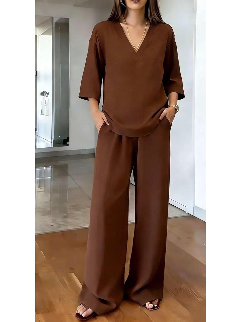 Women's Spring V-Neck Top and Wide-Leg Pants Set - Solid Color, Short-Sleeved, European & American Style Casual Wear