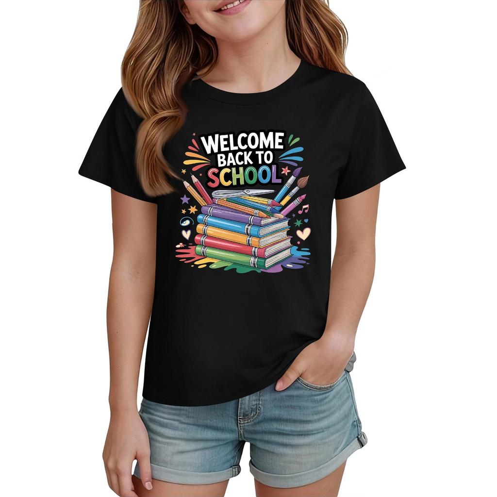Kids Short Sleeve T Shirt Casual Crew Neck Tee Top Children Back to School Graphic Printed Lightweight Comfortable Summer Wear
