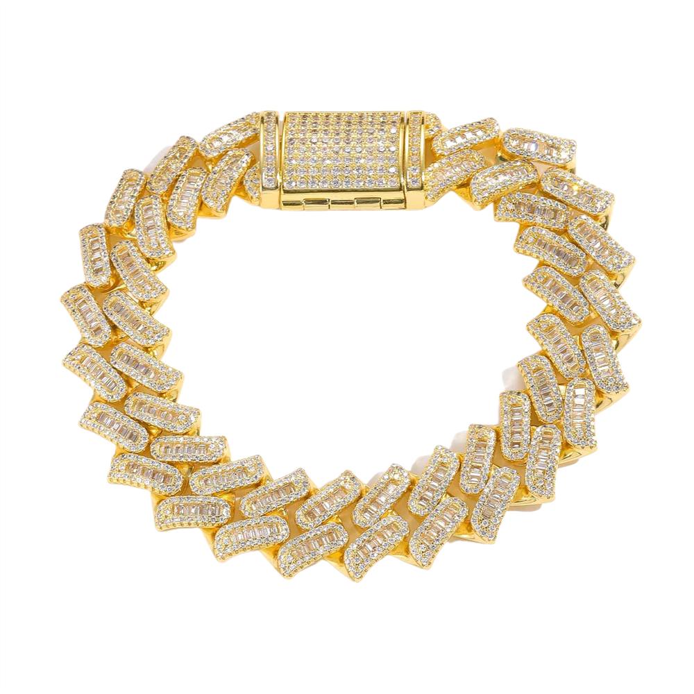 Fashion Hip Hop Jewelry 16mm Wide Iced Out Round and Baguette Zircon Strips Miami Cuban Link Chain Bracelet for Men