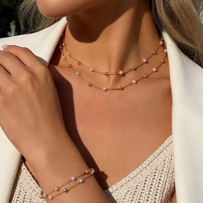 Elegant Pearl Necklace & Bracelet Set for Women - Versatile Layered Clavicle Chain Fashion Jewelry