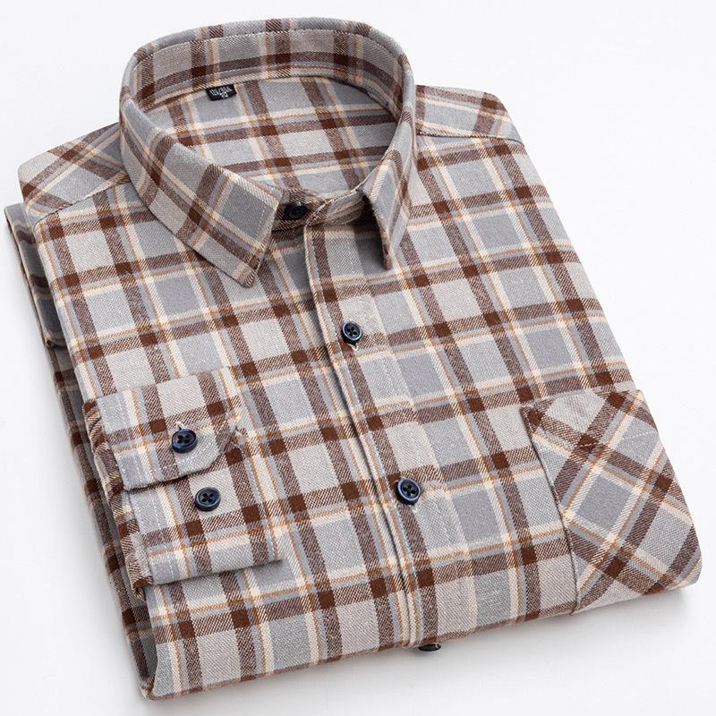 Men's Spring and Autumn Brushed Cotton Top Plaid T-shirt Casual Long Sleeve Turn Down Collar Shirt