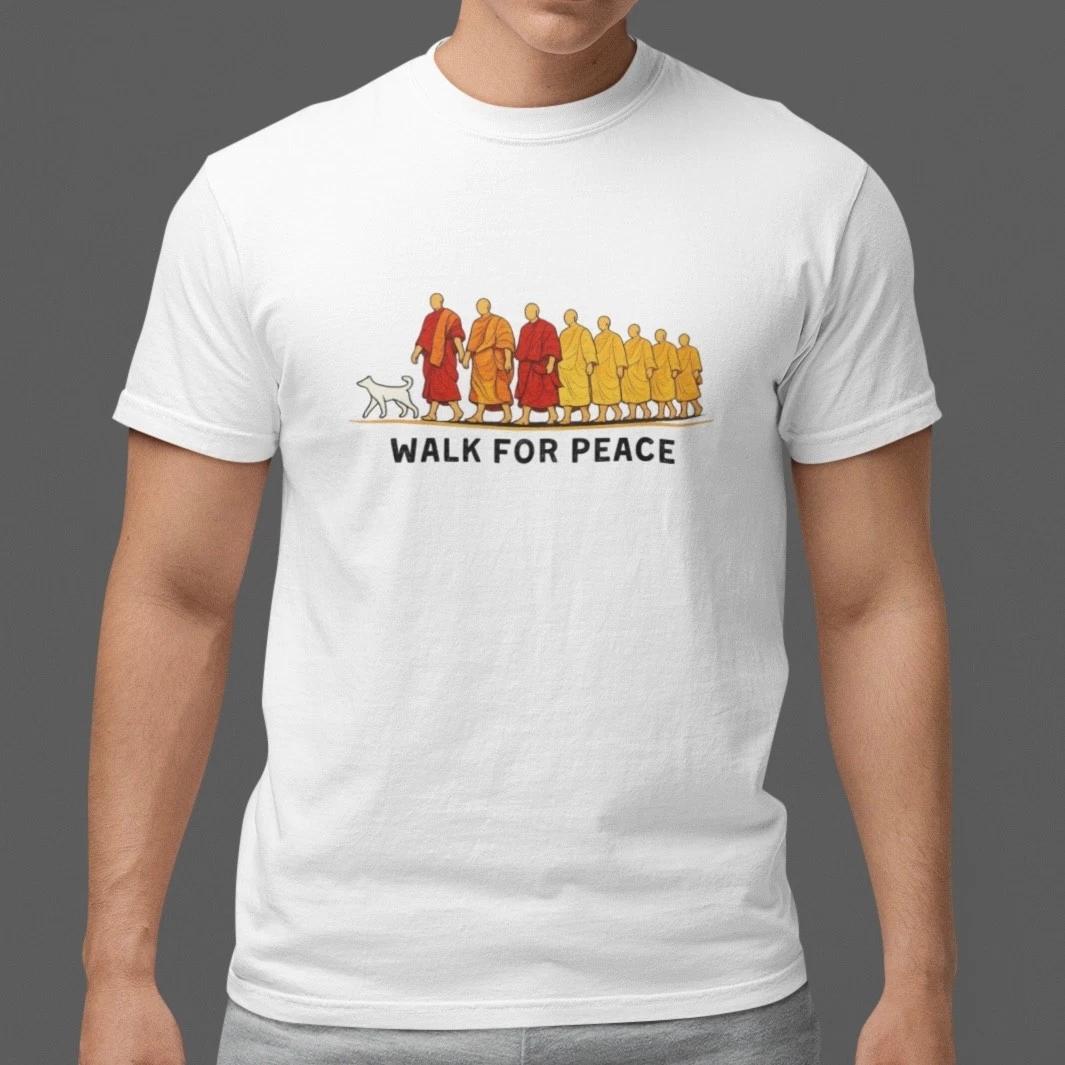 Walk For Peace T Shirt Spiritual Monk Graphic Tee S-5XL White Cotton Unisex XS
