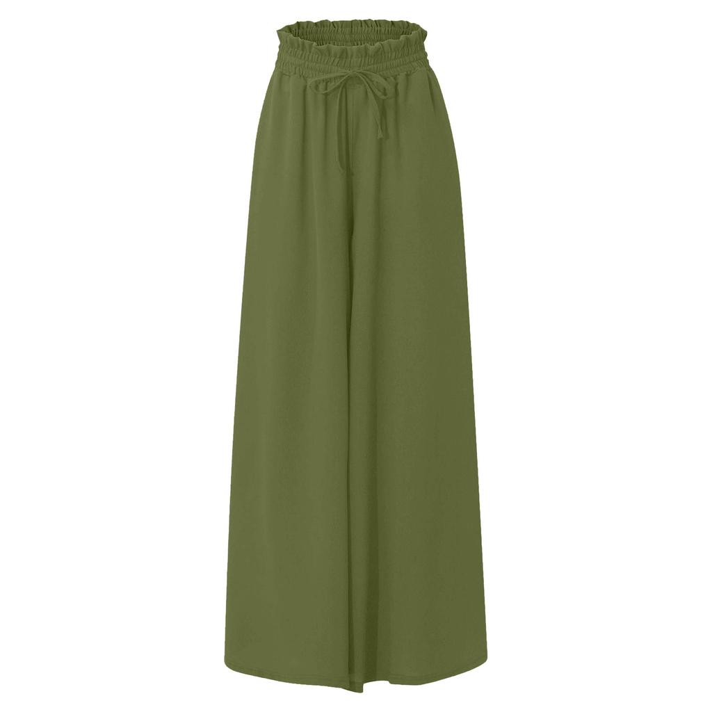 Women's Color Trousers Elastic Belt Wide Leg High Waist Long Culottes