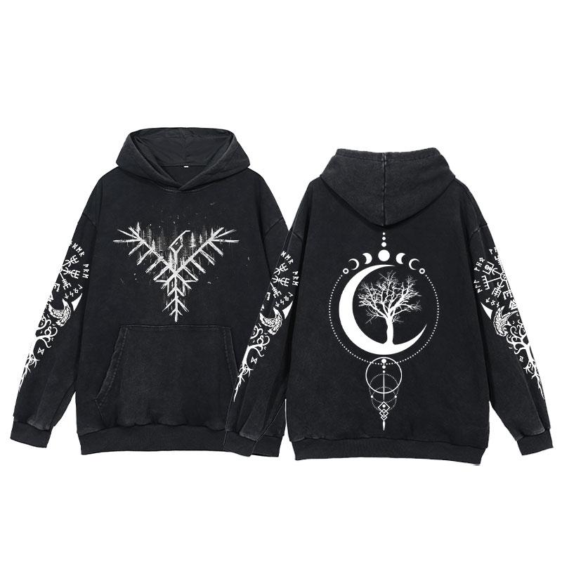 2024 Vikingové Mikiny Pánské Potisk Tetování Kyselý Wash Mikina Bavlna Volný Dlouhý Rukáv Pulovr Vintage Nadměrná Ležérní Mikina s Kapucí