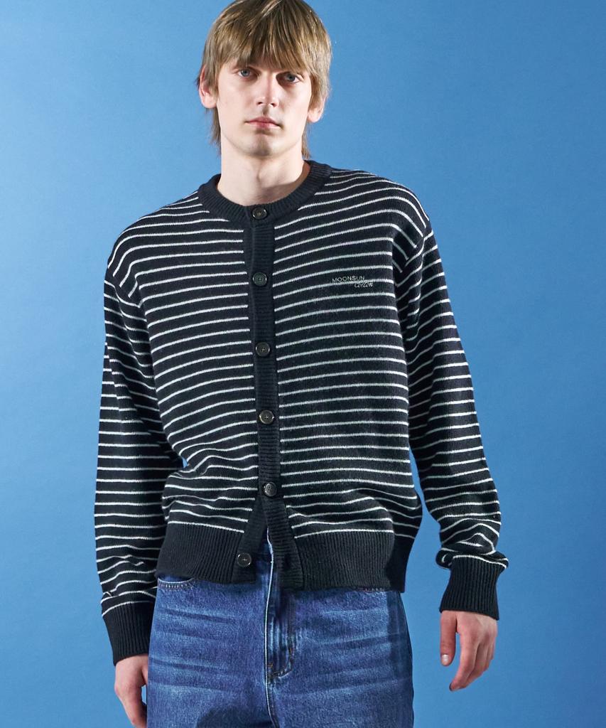 MOONSUN M.C Unisex, Stripe Wool Knit Cardigan / Black