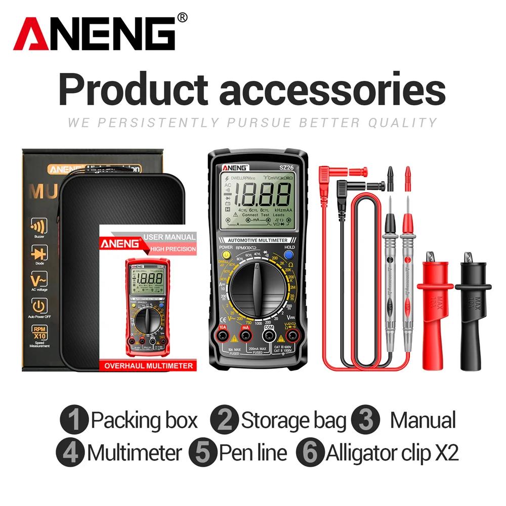Aneng SZ26 Smart Multimeter AC/DC Voltage DC Current High Precision Car Overhaul Multimetro Diode Resistance Tester 1999 Count with Digital Display