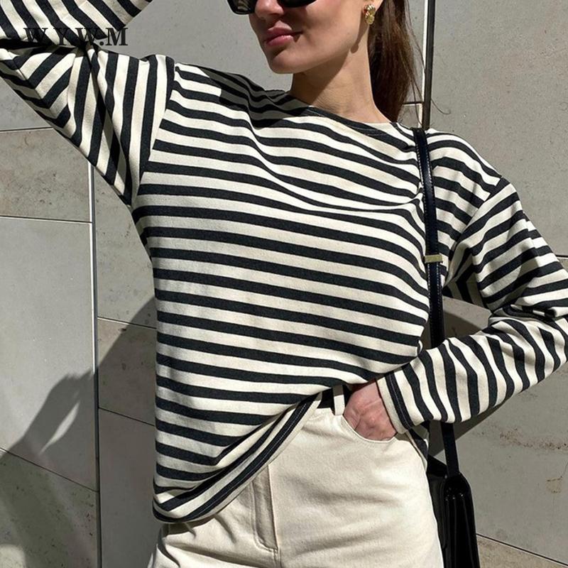 

WYWM 2022, новая осенняя хлопковая трикотажная полосатая футболка, женская повседневная базовая футболка с длинными рукавами, женские винтажные свободные женские топы в стиле Харадзюку