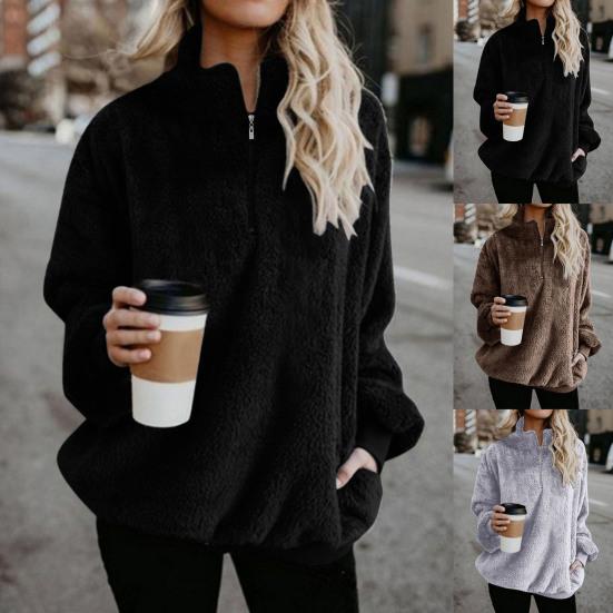 Sweatshirt Coat Long Sleeve Windproof Plush Trendy Turtleneck Zipper Neck Women Fluffy for Home