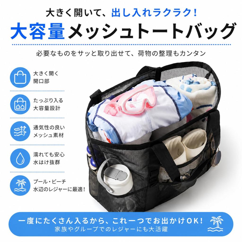[komakusa] Mesh Tote Large Capacity Beach Pool Bag with Waterproof