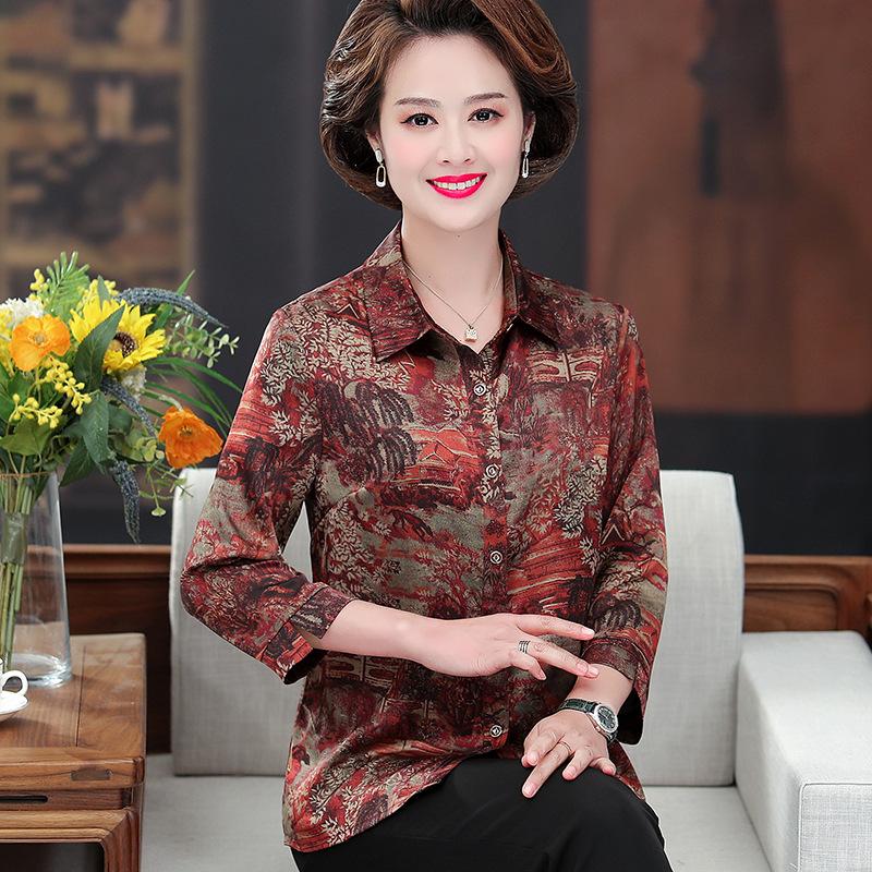 Women's Retro Print Mulberry Silk Shirt - Spring/Summer, Seven-Point Sleeve, Loose Fit, Stylish for Middle-Aged and Elderly